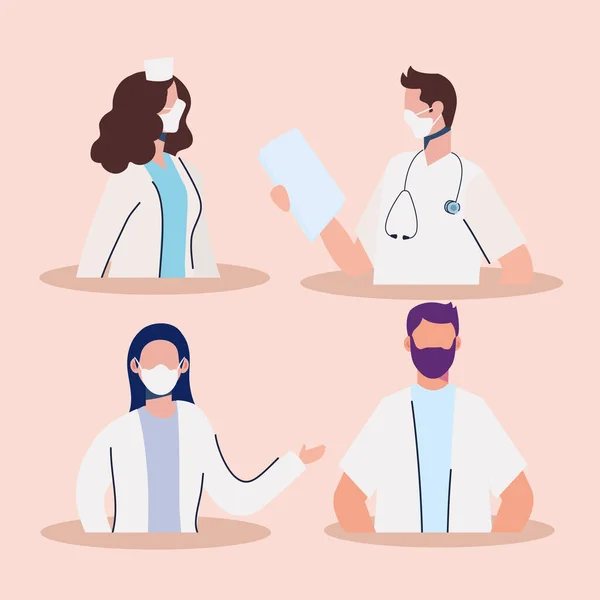 Doctors staff wearing medical masks characters — Stock Vector