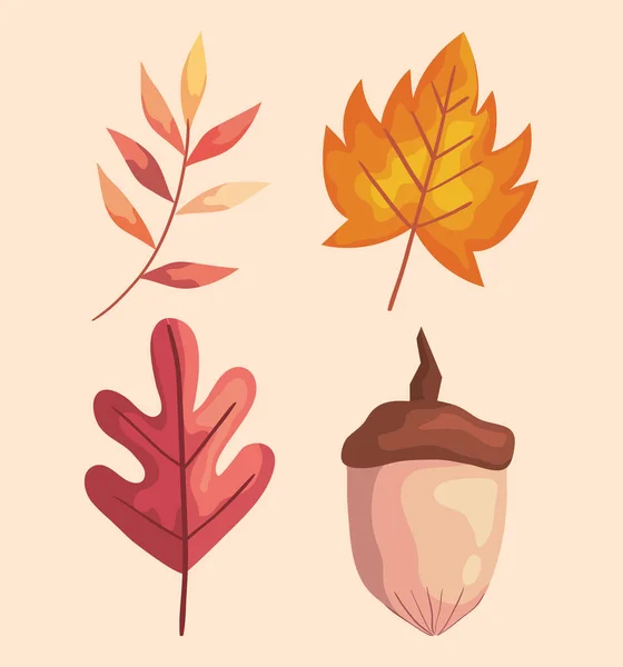 Hojas de otoño y rama con iconos de frutos secos — Archivo Imágenes Vectoriales