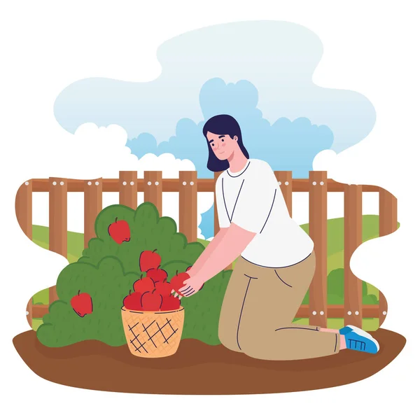 Agricultrice qui cultive des tomates à la ferme — Image vectorielle