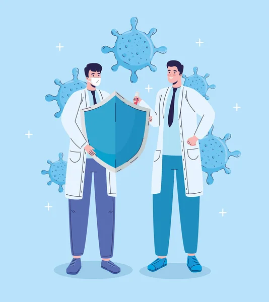 Doctors with shield and covid19 virus particles — Stock Vector