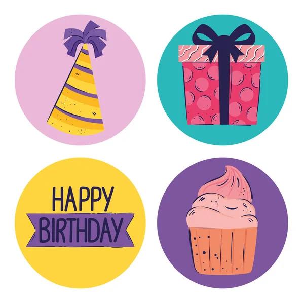 Csomag négy boldog születésnapi levelek és ikonok — Stock Vector