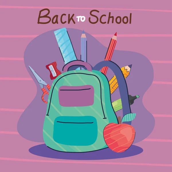 Letras de vuelta a la escuela con mochila y suministros — Vector de stock