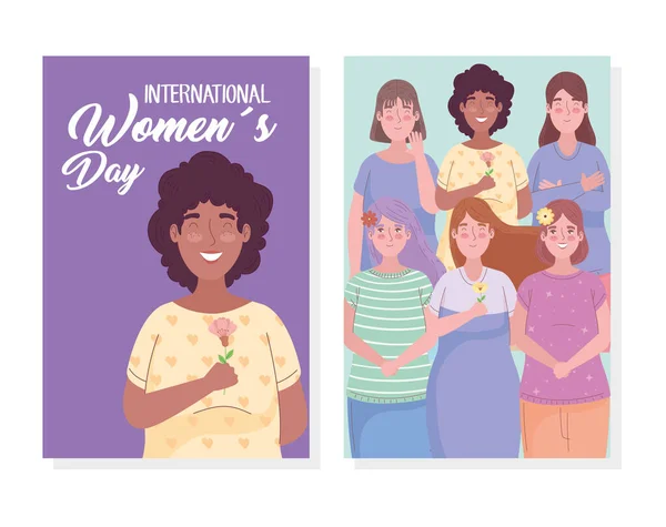 Feliz dia das mulheres lettering com meninas interracial —  Vetores de Stock