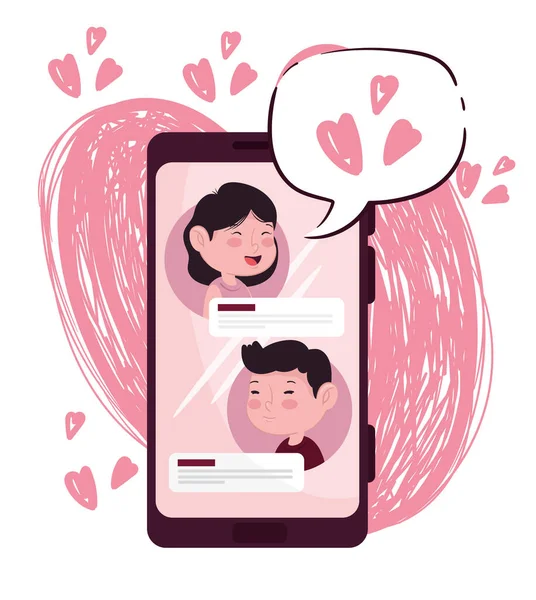 Feliz dia dos namorados lettering cartão com os amantes casal no smartphone —  Vetores de Stock