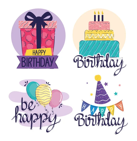 Boldog születésnapot betűk kártyák készlet ikonok — Stock Vector