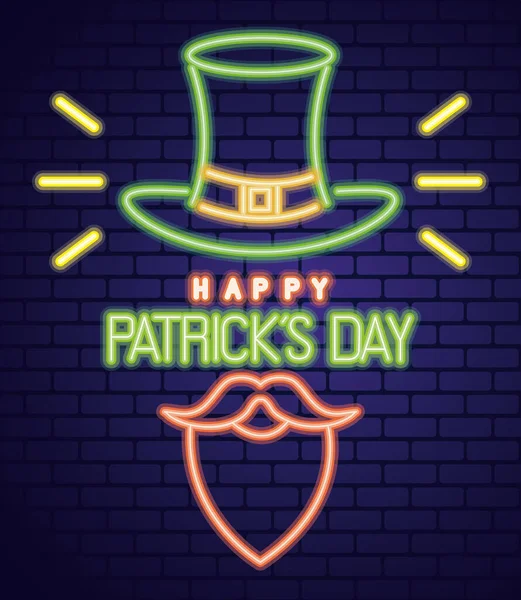 Saint patricks jour néon lumière avec chapeau de lutin et barbe — Image vectorielle