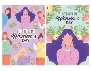 Bir grup kız ve çiçekli mutlu kadınlar günü mektupları.