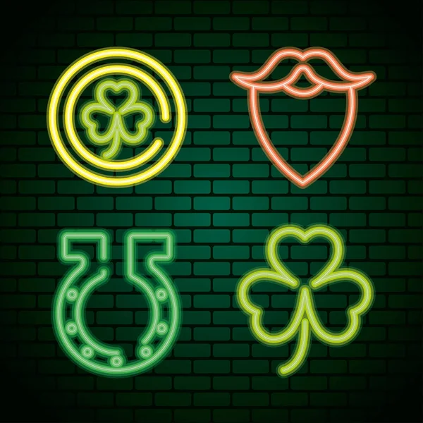 Paquet de quatre saint patricks jour néon lumières dans le mur vert — Image vectorielle