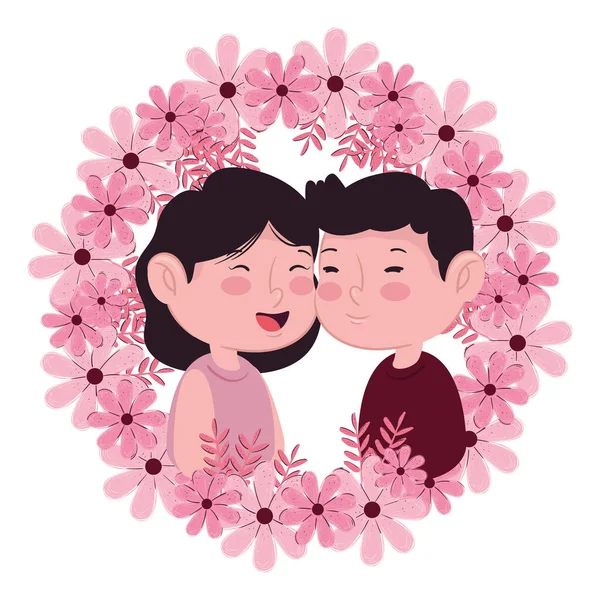 Pareja de amantes en marco floral circular — Vector de stock