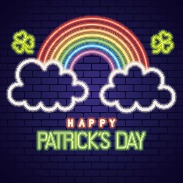 St. Patricks Day Neonlicht mit Klee und Regenbogen — Stockvektor