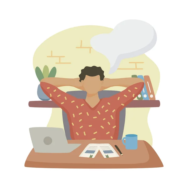 Man dreaming in the office with laptop character — Stock Vector