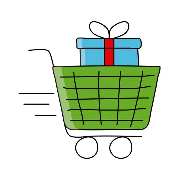 Carrito de compras con iconos de regalo — Vector de stock