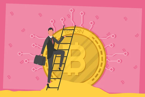Affärsman med portfölj klättring tringstrappa i bitcoin — Stock vektor