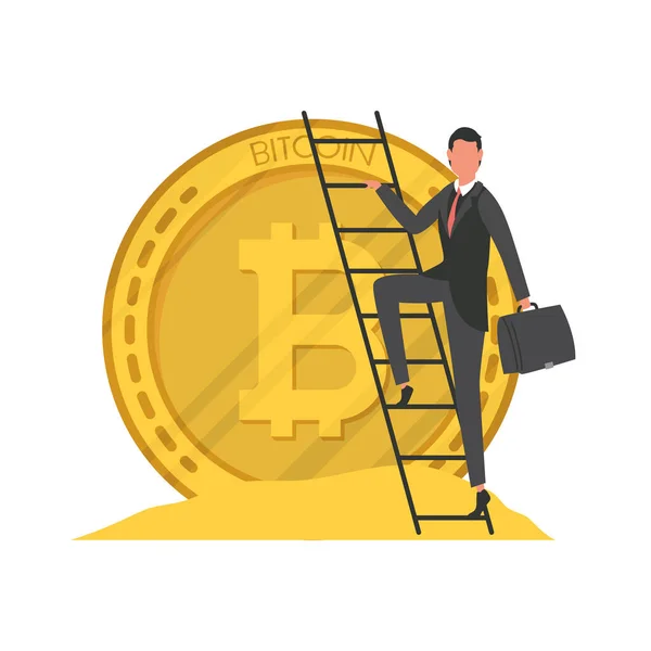 Affärsman klättring trappa i bitcoin krypto valuta ikon — Stock vektor