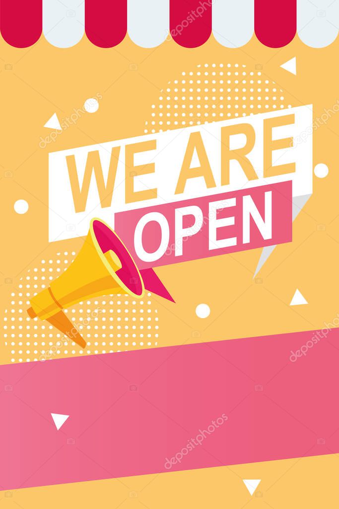 we are reopen commercial label with megaphone and parasol