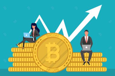 Dizüstü bilgisayarlar kullanan iş çifti bitcoins ve ok yukarı
