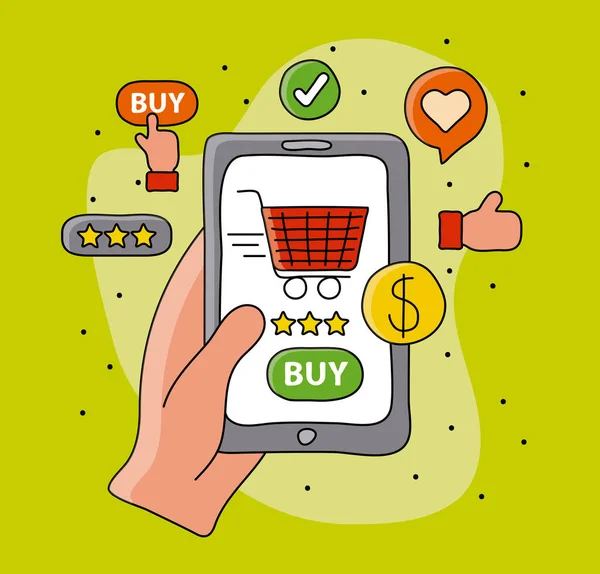 Shopping online con mano acquirente e carrello in smartphone — Vettoriale Stock