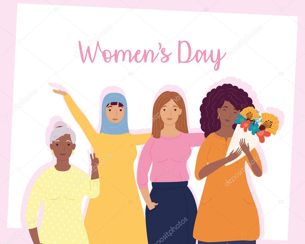 womens day lettering with group of interracial girls characters