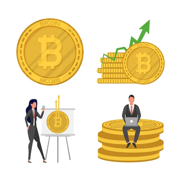 Affärer par witth bitcoins krypto valuta ikoner — Stock vektor