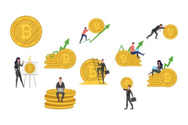 İş adamları şifreli para birimi simgelerine sahip bitcoin ve oklar