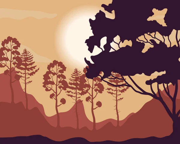Δέντρα φυτά στο δάσος ηλιοβασίλεμα τοπίο σκηνή — Διανυσματικό Αρχείο