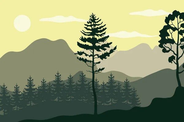 Pinos árboles plantas en el paisaje forestal escena — Vector de stock