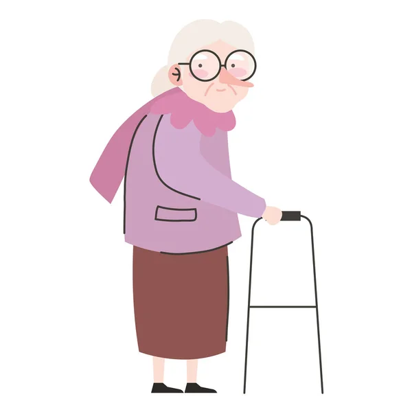 Lindo abuela miembro usando walker carácter — Vector de stock