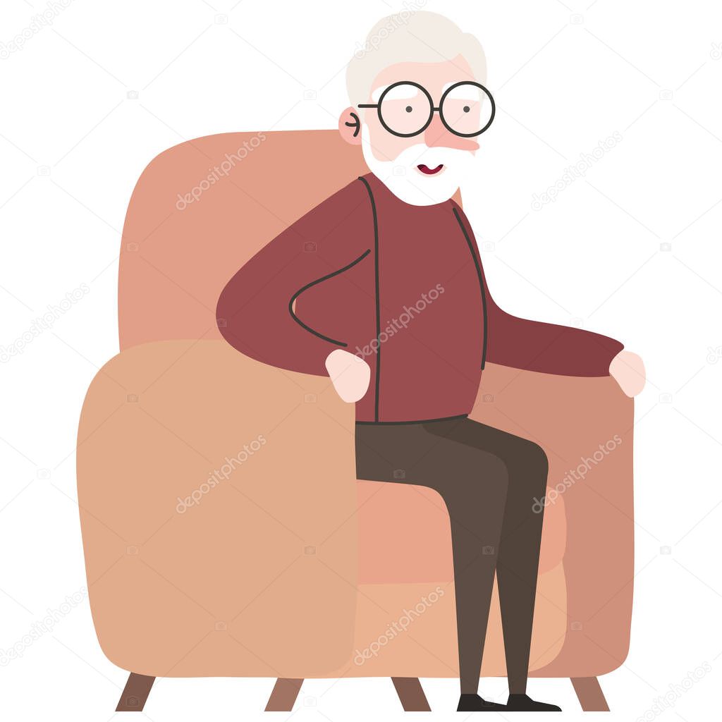cute granfather member seated in sofa character