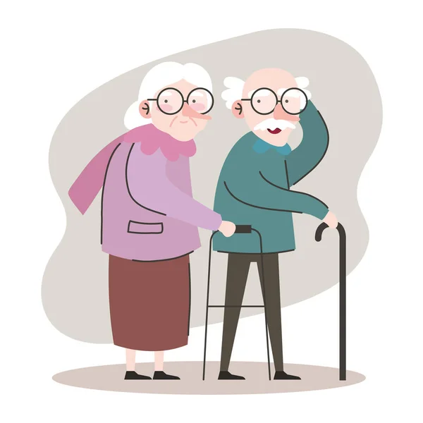 Cute grandparents couple using cane and walker characters — Stock Vector