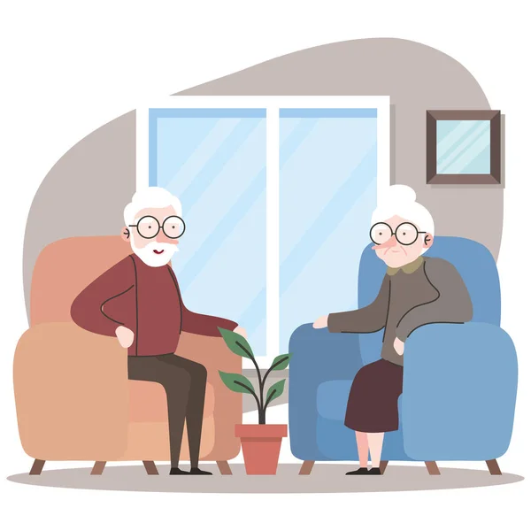 Χαριτωμένο ζευγάρι παππούδες κάθονται σε καναπέδες χαρακτήρες — Διανυσματικό Αρχείο