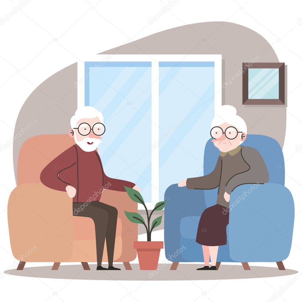 cute grandparents couple seated in sofa characters