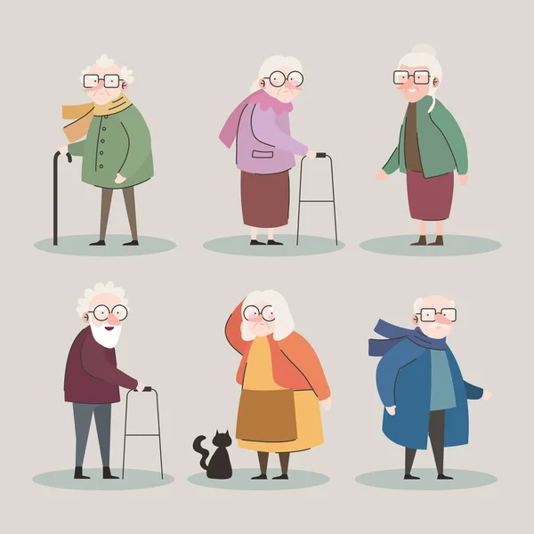 Grupo de seis abuelos avatares personajes — Vector de stock