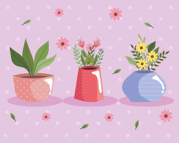 Schöner blumengarten in farben vasen und blumenmuster — Stockvektor