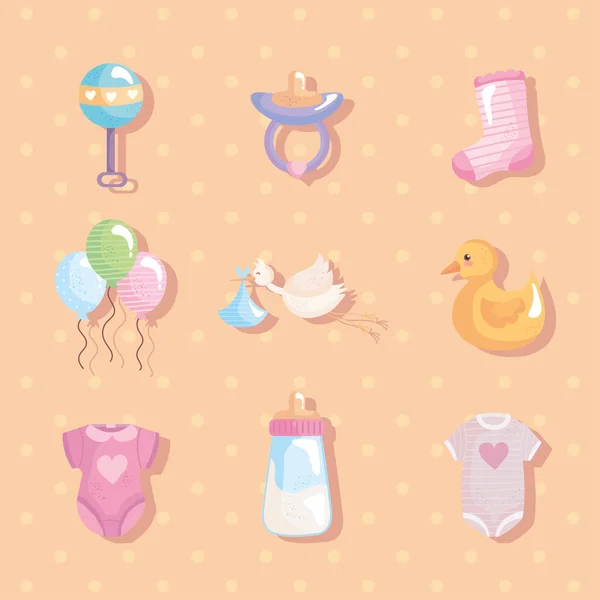 Paquete de nueve iconos de set de ducha de bebé — Vector de stock