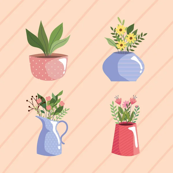Belo jardim de flores em vasos de cores — Vetor de Stock