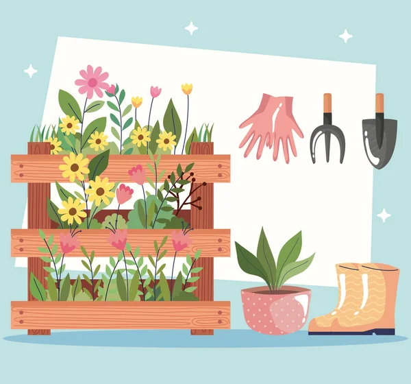 美しい花の庭の木の箱とセットのアイコン — ストックベクタ