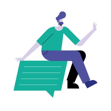 Konuşma baloncuğu karakterinde oturan mutlu genç adam.