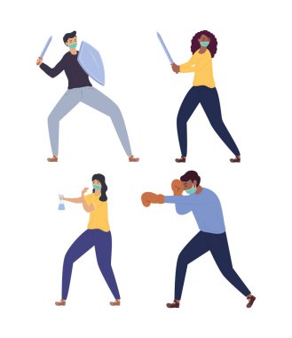 Sağlık maskesi takan bir grup insan Covid19 'a karşı savaşıyor.