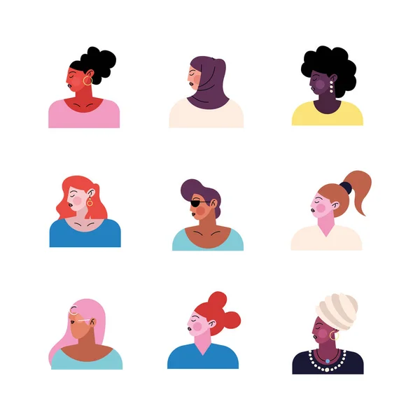 Groupe de neuf jeunes femmes personnages Illustrations De Stock Libres De Droits