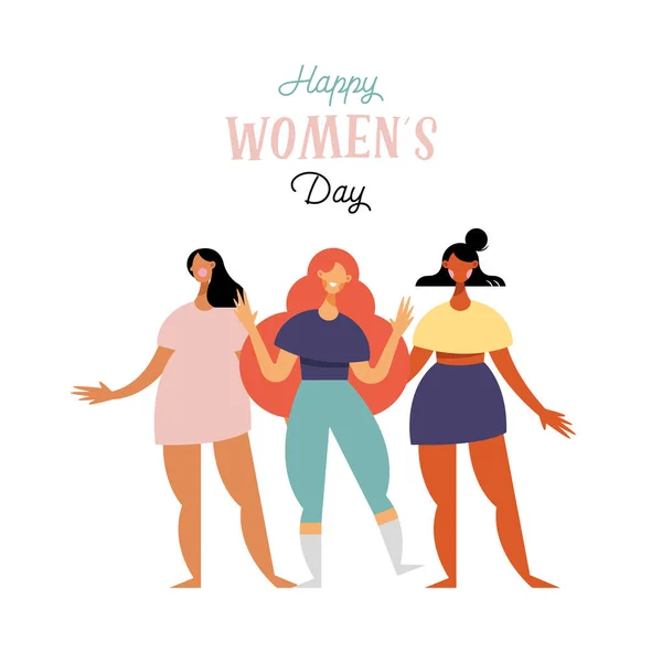 Feliz día de las mujeres tarjeta de letras con la diversidad de las niñas personajes — Vector de stock