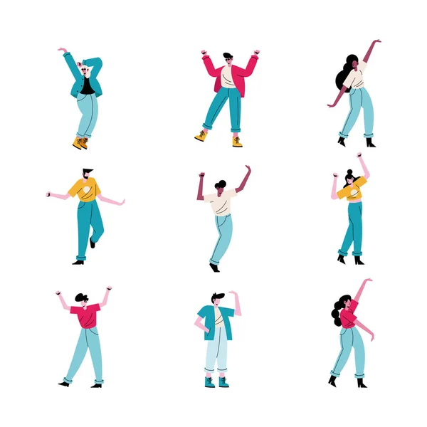 Ευτυχισμένοι νέοι που χορεύουν εννέα χαρακτήρες avatars — Διανυσματικό Αρχείο