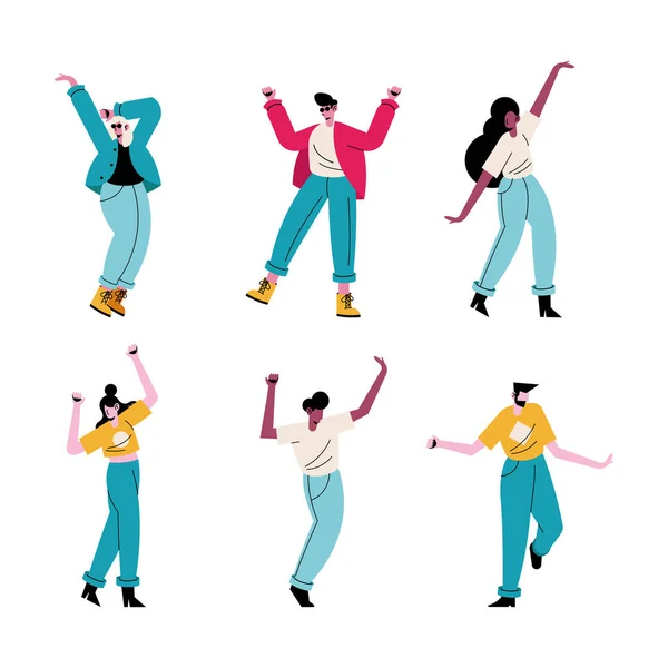 Glückliche junge Leute tanzen sechs Avatarfiguren — Stockvektor