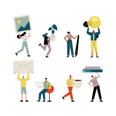 Gençler nesneleri kaldırırken karakterler