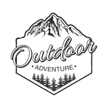 outdoor adventure lettering emblem with big mountains and pines clipart