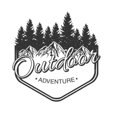 outdoor adventure lettering emblem with pines forest and mountains clipart