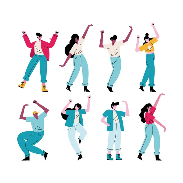 Gelukkig jonge mensen dansen acht avatars personages — Stockvector