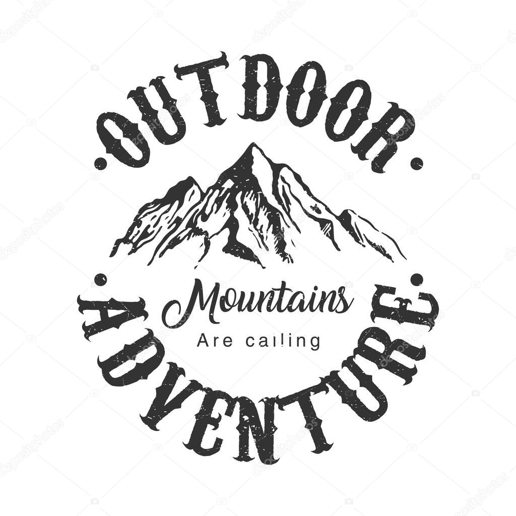outdoor adventure lettering emblem with big mountains