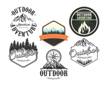 bundle of six outdoor adventure letterings emblems with set landscapes clipart