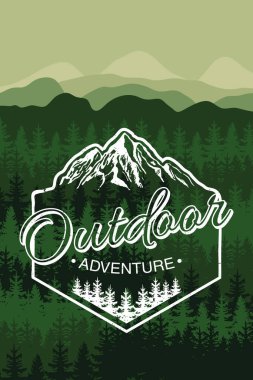 outdoor adventure lettering emblem with mountains in forest landscape clipart
