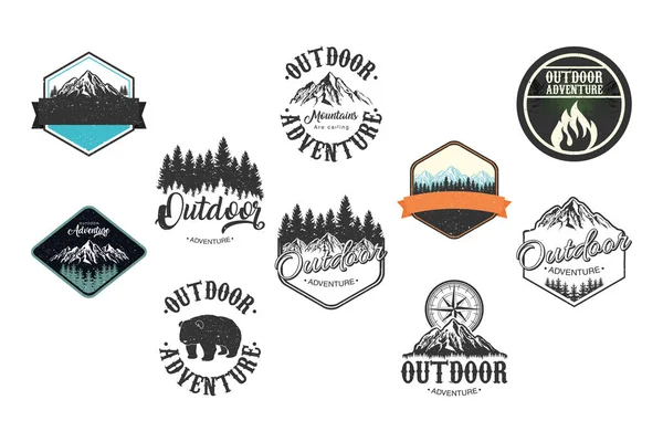 Bundle of ten outdoor adventure letterings emblems — Stock Vector